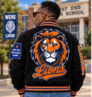 West End premium wool jacket in black with orange lettering and Lions back graphic — back view