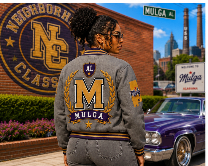 Mulga premium wool jacket in gray with purple and gold laurel back graphic
