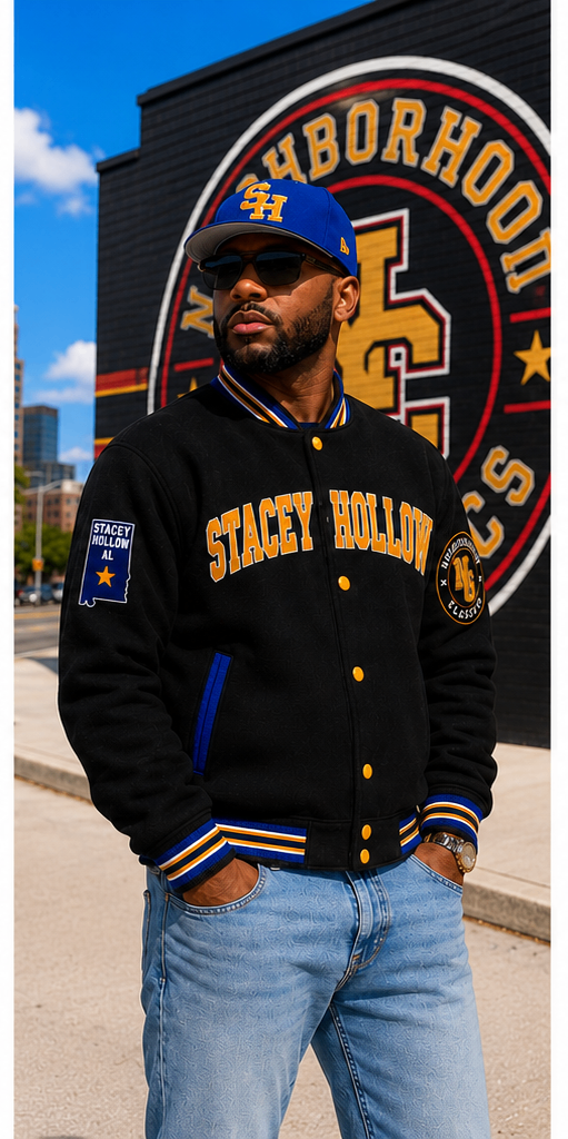 Stacey Hollow premium wool jacket in black with gold accents