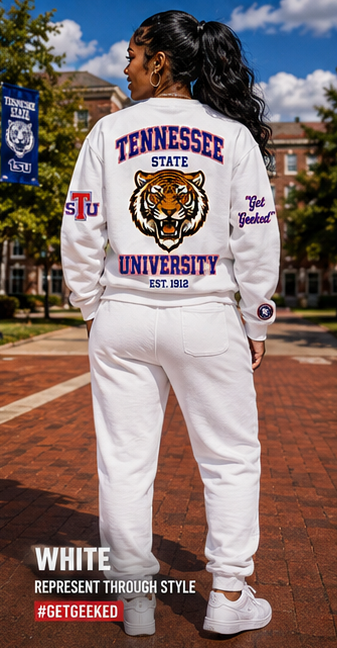 Tennessee State sweatsuit in white with royal blue and red TSU artwork — back