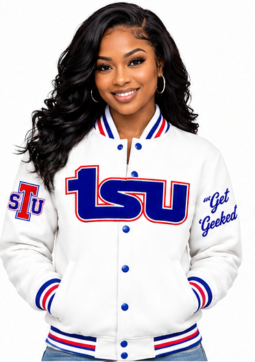 Tennessee State premium wool jacket in white with royal blue and red TSU artwork