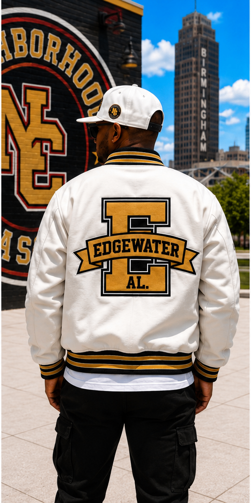 Edgewater premium wool jacket in white with gold and black back graphic