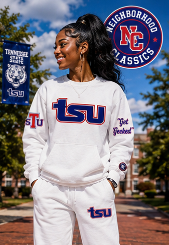 Tennessee State sweatsuit in white with royal blue and red TSU artwork — front