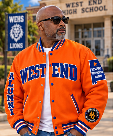 West End premium wool jacket in orange with blue lettering and Lions back graphic