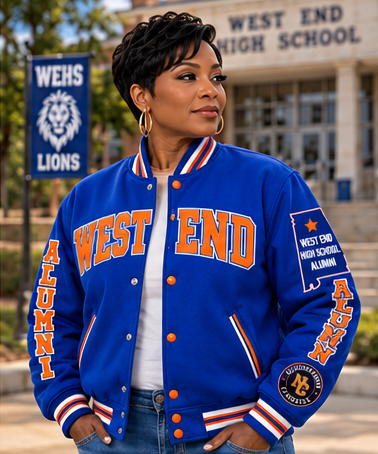 West End premium wool jacket in royal blue with orange lettering and Lions back graphic