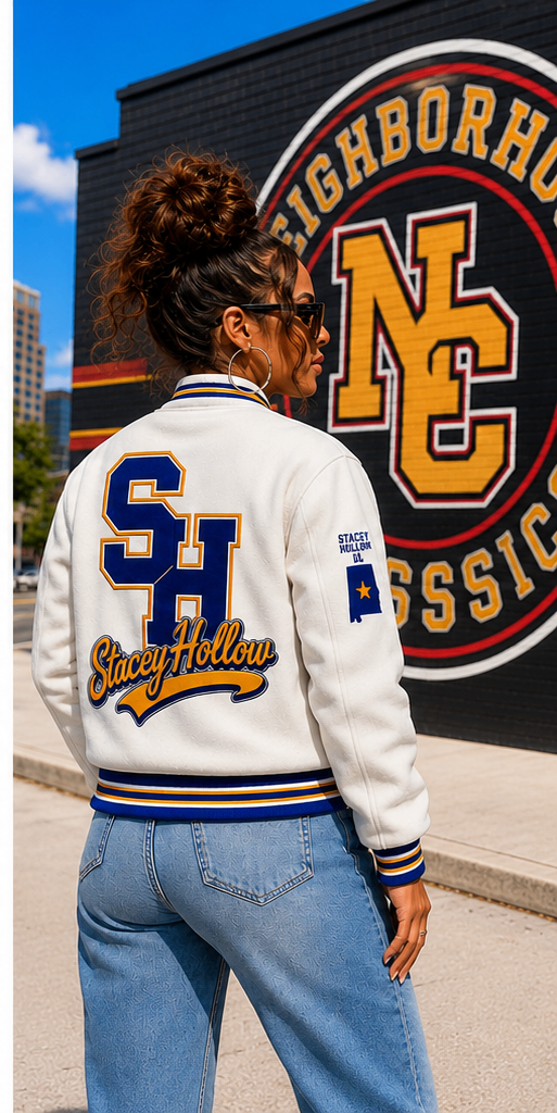 Stacey Hollow premium wool jacket in white with royal blue and gold back graphic