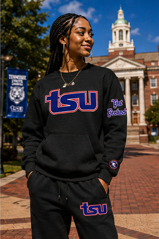 Tennessee State sweatsuit in black with royal blue and red TSU artwork — front