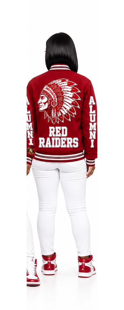Phillips Red Raiders maroon jacket on model, front view — back view