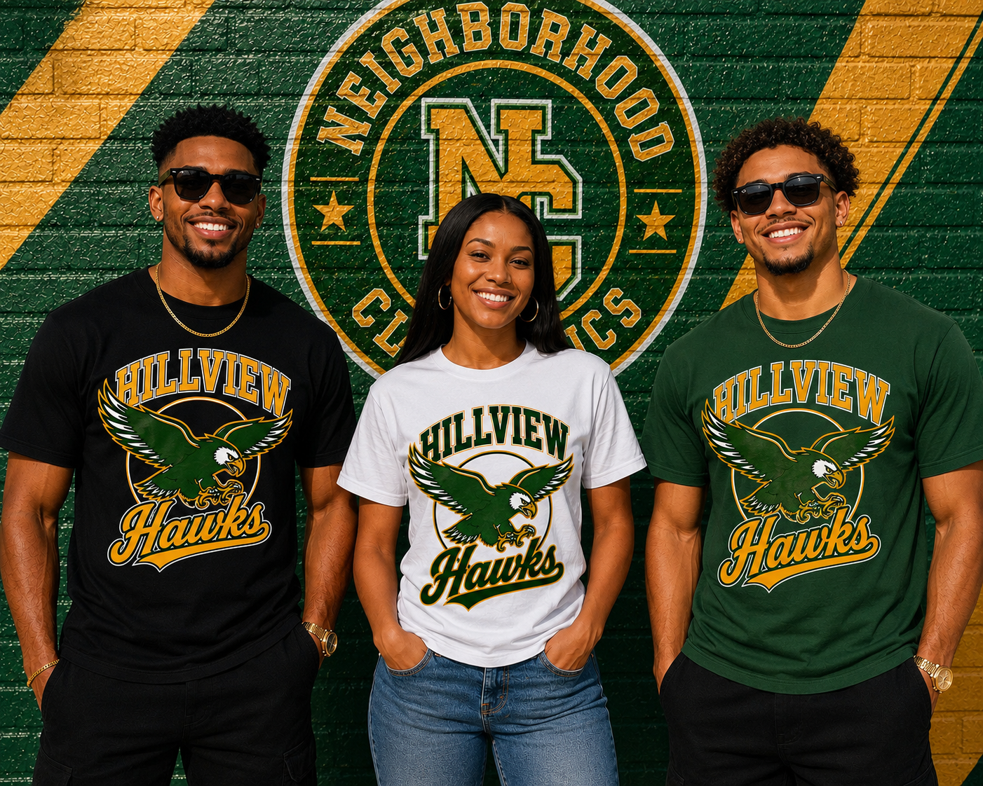 Hillview Hawks unisex tees shown in black, white, and green