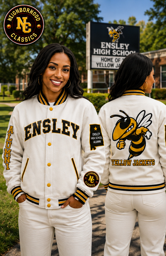 Ensley premium wool jacket in white with black and gold lettering