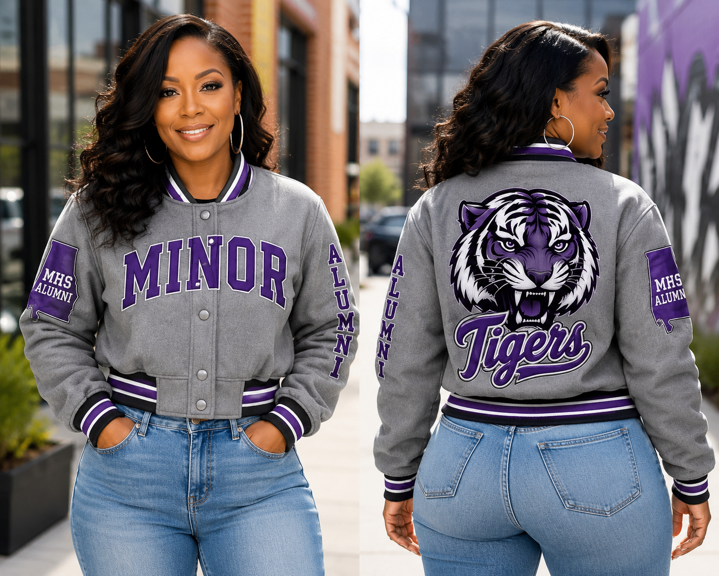 Minor Tigers jacket shown from front and back with purple tiger artwork