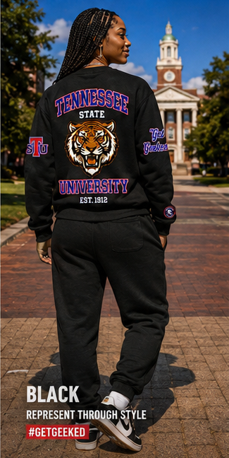 Tennessee State sweatsuit in black with royal blue and red TSU artwork — back