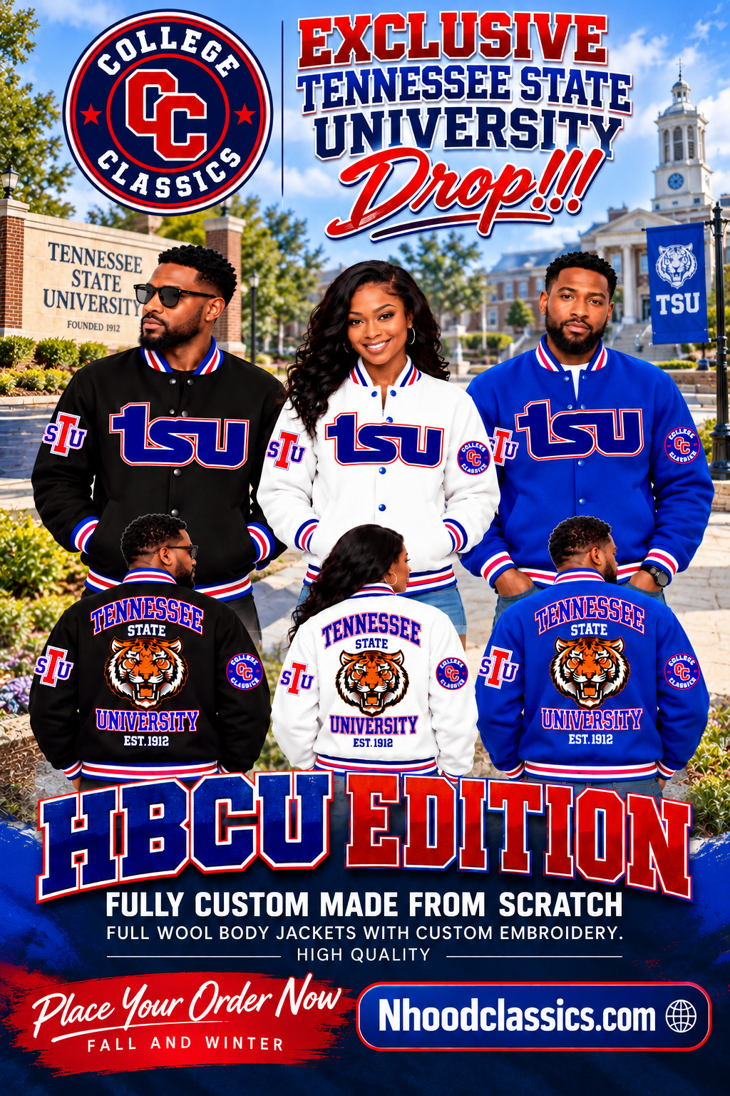 College Classics Tennessee State University HBCU Edition premium wool jackets — fully custom made from scratch, place your order now at nhoodclassics.com