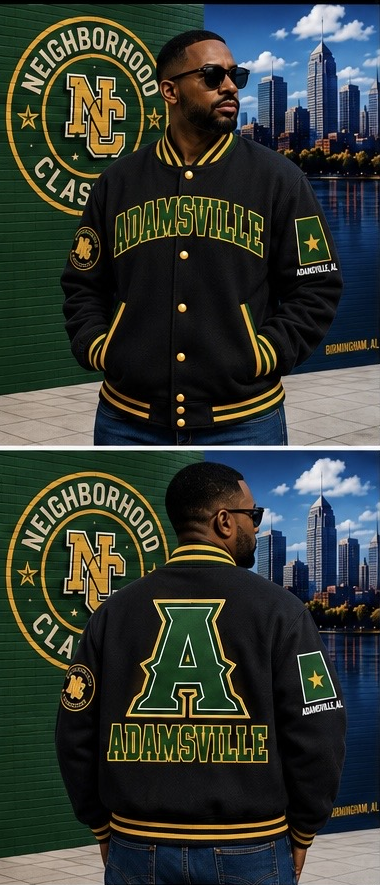 Adamsville premium wool jacket in black with green and yellow accents