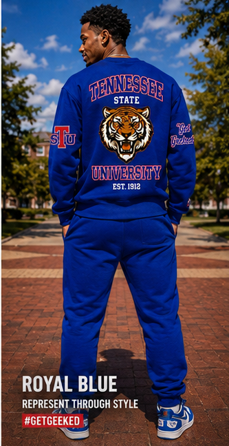 Tennessee State sweatsuit in royal blue with white and red TSU artwork — back