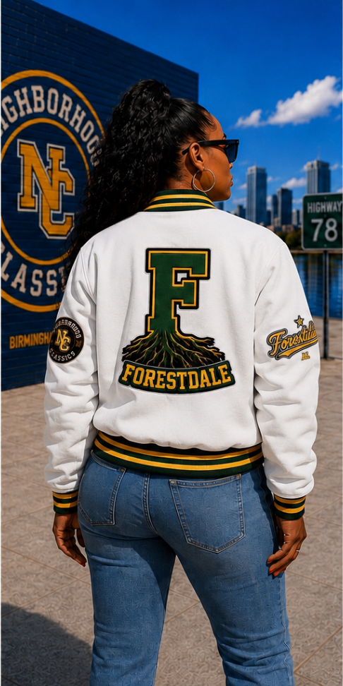 Forestdale premium wool jacket in white with green and gold accents