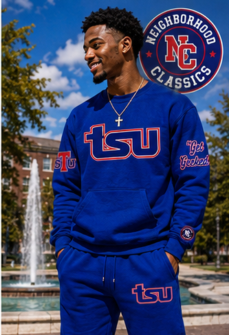Tennessee State sweatsuit in royal blue with white and red TSU artwork — front