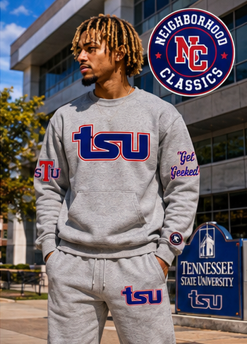 Tennessee State sweatsuit in heather gray with royal blue and red TSU artwork — front