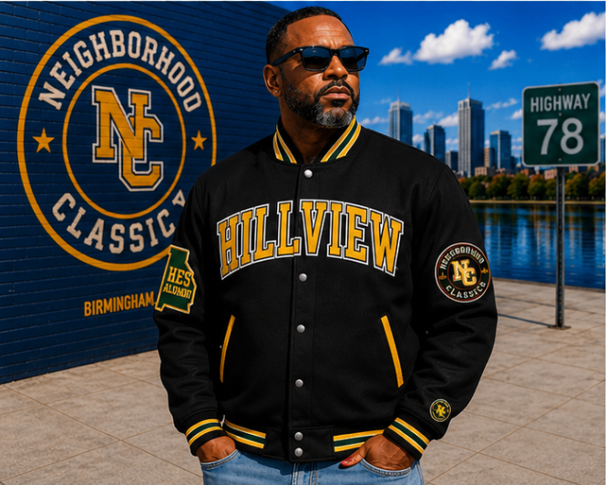 Hillview Hawks jacket in black with gold Hillview lettering