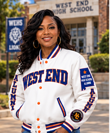 West End premium wool jacket in white with orange and blue lettering