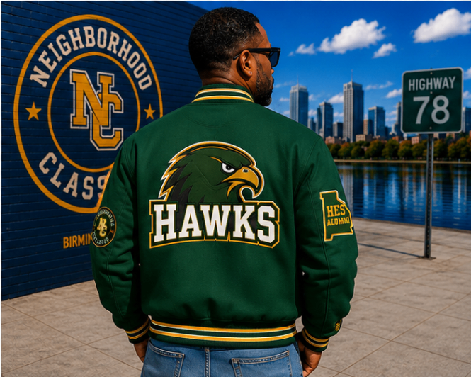 Hillview Hawks jacket in green with gold Hawks back graphic