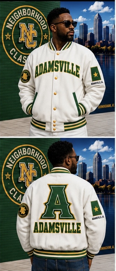 Adamsville premium wool jacket in white with green and yellow accents
