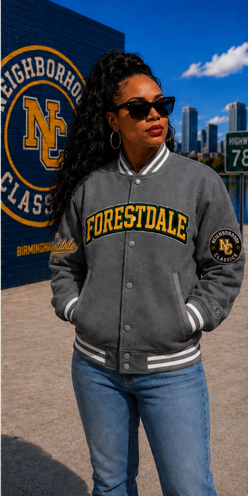 Forestdale premium wool jacket in gray with green and gold accents