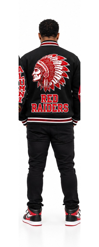 Phillips Red Raiders black jacket on model, front view — back view