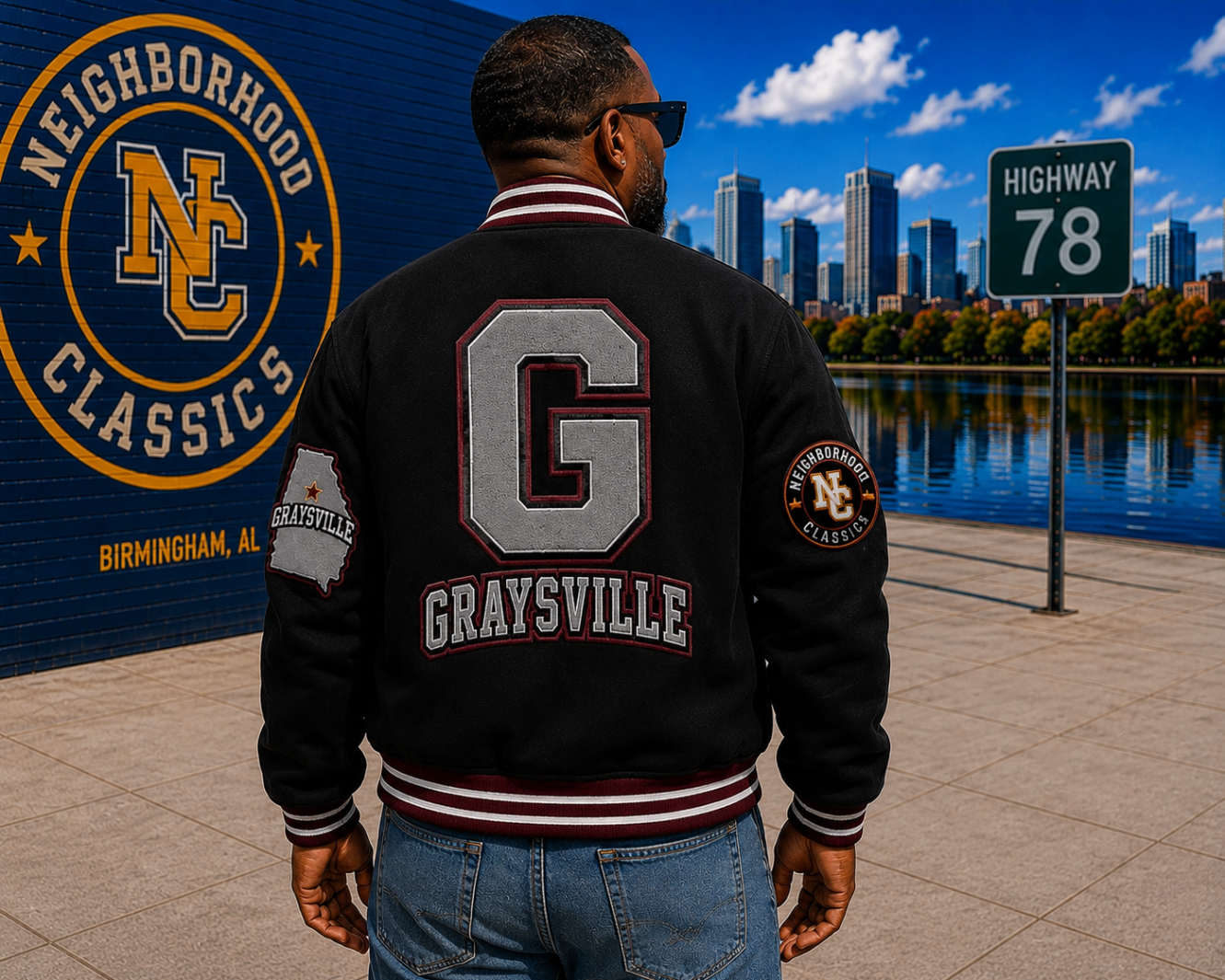 Graysville premium wool jacket in black with maroon and grey back graphic