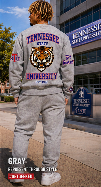 Tennessee State sweatsuit in heather gray with royal blue and red TSU artwork — back