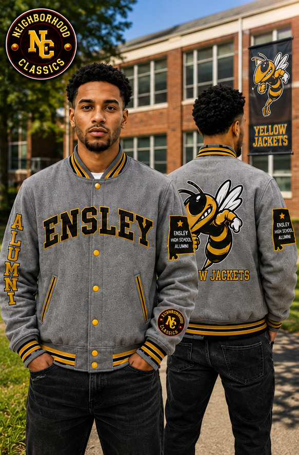 Ensley premium wool jacket in gray with black and gold Yellow Jackets graphic