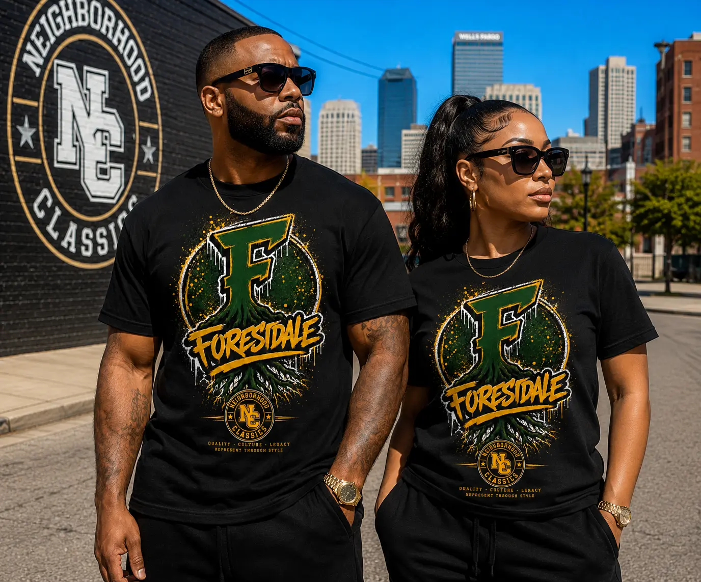 Forestdale unisex black tee with green and gold root graphic