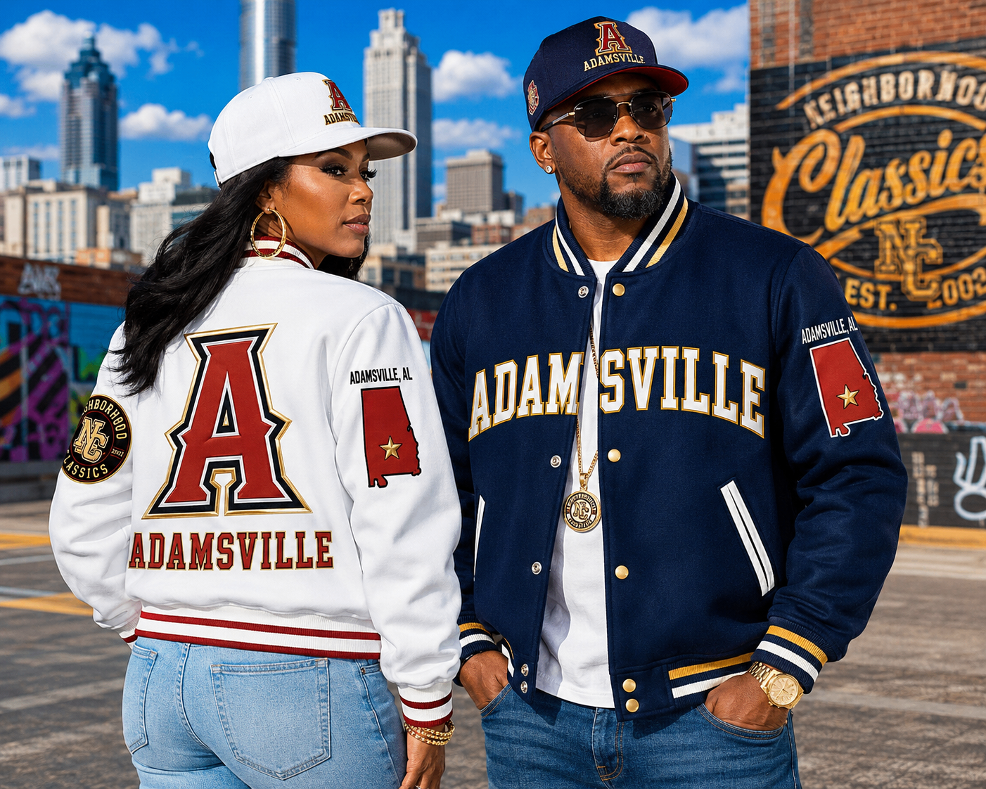 Adamsville varsity jacket shown on two models with front and back school graphics