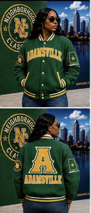 Adamsville premium wool jacket in green with yellow and white accents