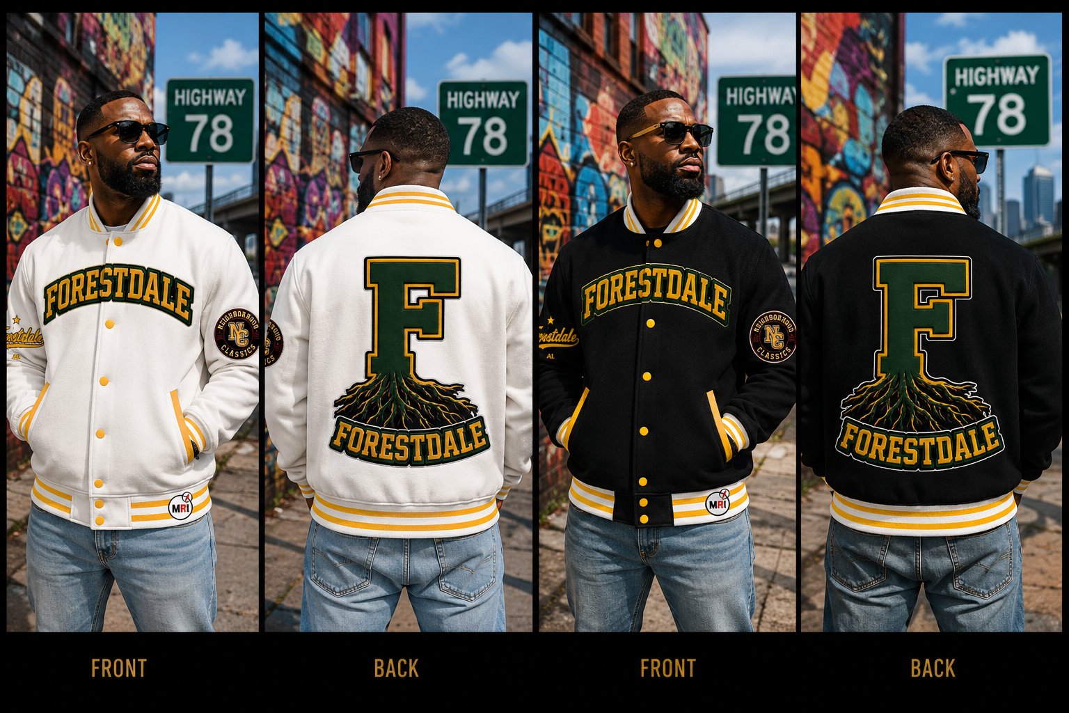 Forestdale varsity jacket shown in white and black color variants from front and back