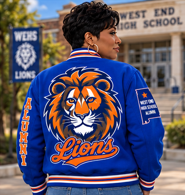 West End premium wool jacket in royal blue with orange lettering and Lions back graphic — back view