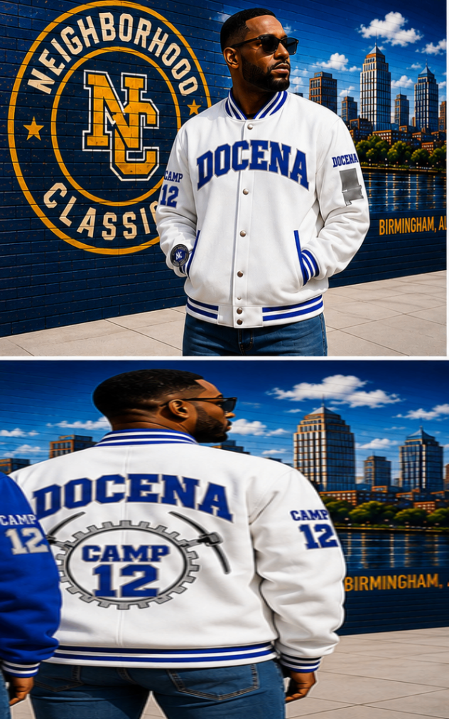 Docena Camp 12 jacket in white with royal blue trim