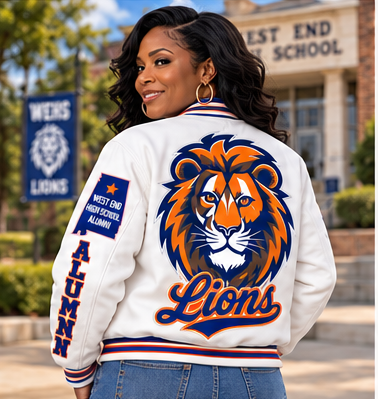 West End premium wool jacket in white with orange and blue lettering — back view