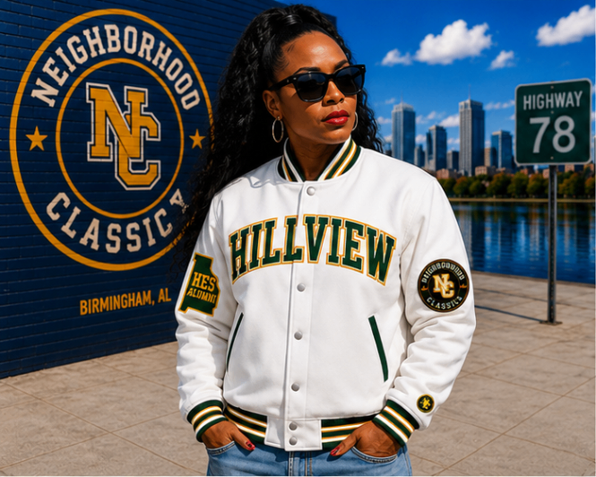 Hillview Hawks jacket in white with green and gold accents