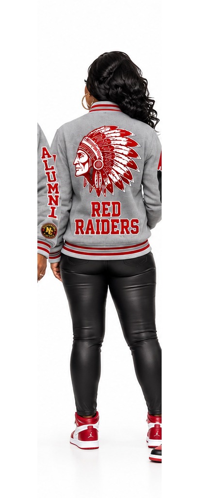 Phillips Red Raiders gray jacket on model, front view — back view