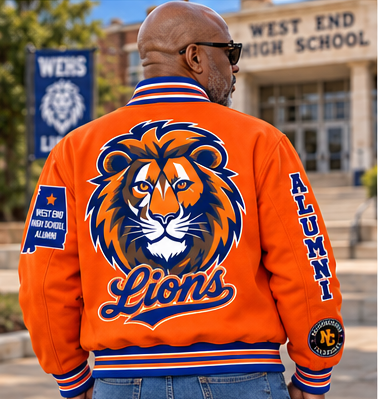 West End premium wool jacket in orange with blue lettering and Lions back graphic — back view